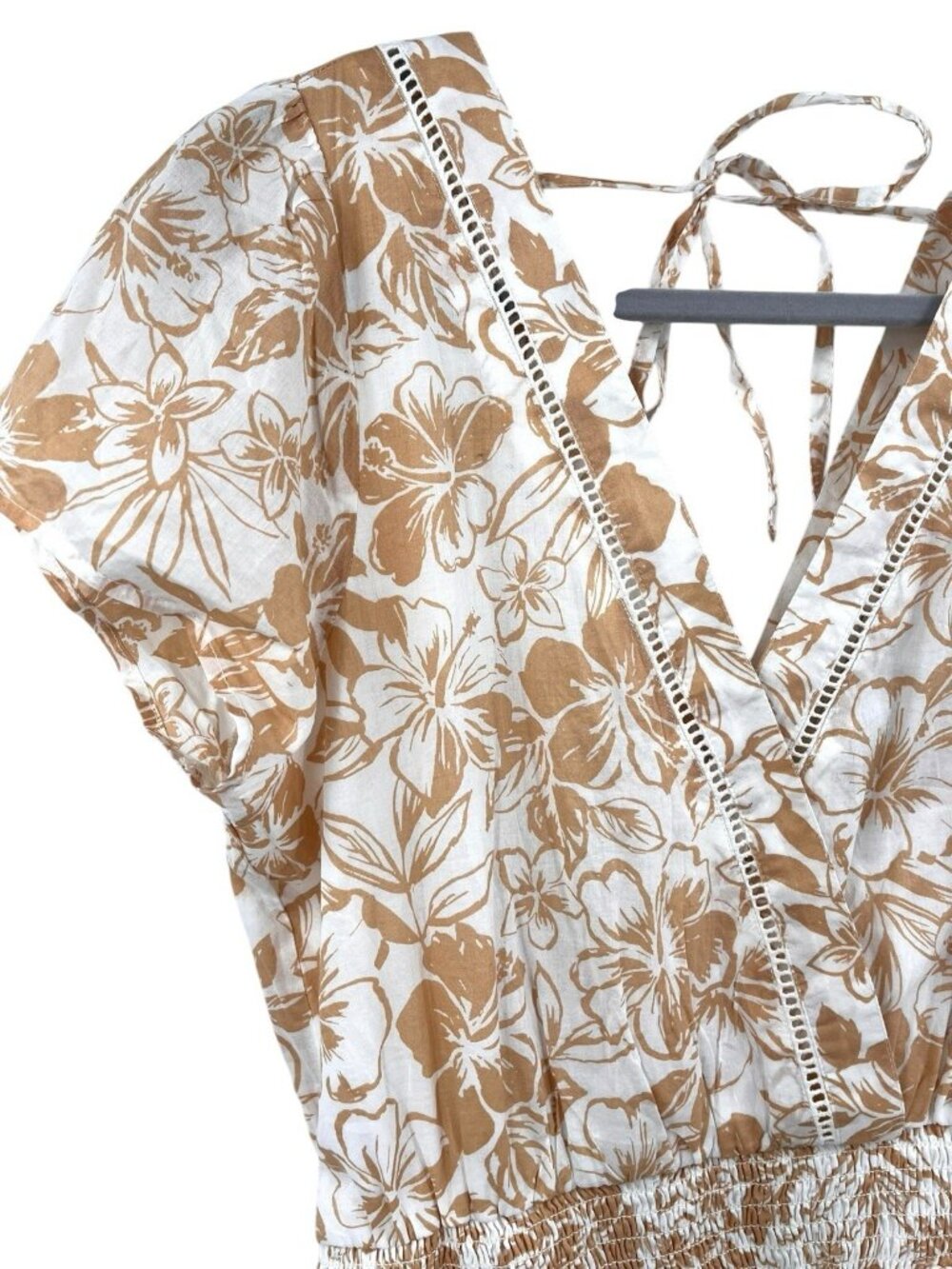 AMERICAN EAGLE Women's Tan White Floral Double V-Neck Tiered Short Dress NWT Med - Picture 4 of 8
